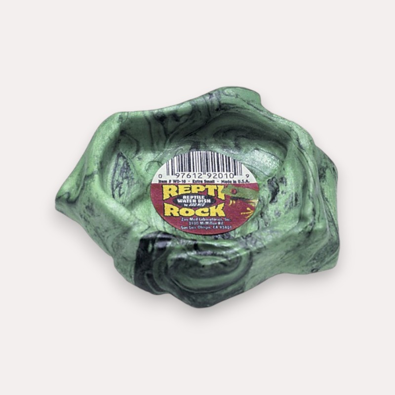 Green Repti Rock water bowl, stone-like appearance, with label, for terrariums, robust design for reptiles and amphibians.